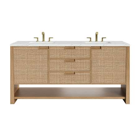 James Martin Vanities Solene 72" Free Standing Double Basin Poplar Wood Vanity Set with Quartz Top and Rectangular Sinks Seaside Oak