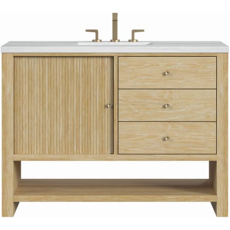 James Martin Vanities Marigot 48" Single Basin Wood Vanity Set with 3cm Arctic Fall Solid Surface Vanity Top, Rectangular Sink and Electrical Outlet - 8" Faucet Centers Sunwashed Oak