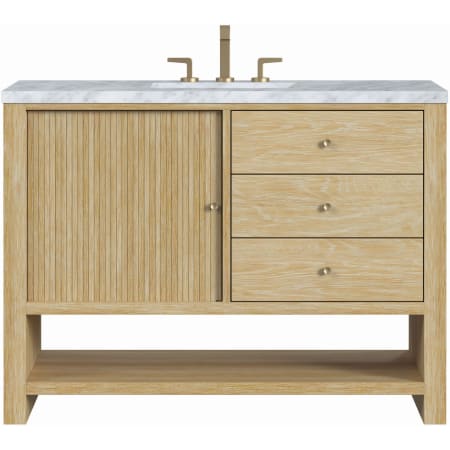 James Martin Vanities Marigot 48" Single Basin Wood Vanity Set with 3cm Carrara White Marble Vanity Top, Rectangular Sink and Electrical Outlet - 8" Faucet Centers Sunwashed Oak