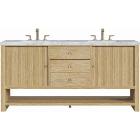 James Martin Vanities Marigot 72" Double Basin Wood Vanity Set with 3cm Carrara White Marble Vanity Top, Rectangular Sinks and Electrical Outlet - 8" Faucet Centers Sunwashed Oak