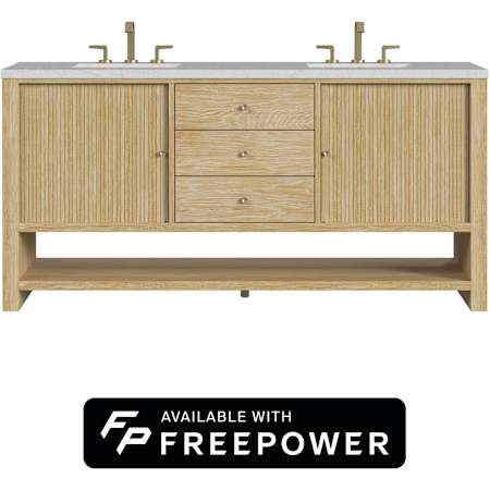 James Martin Vanities Marigot 72" Free Standing Double Basin Ash Wood Vanity Set with Eternal Jasmine Pearl Silestone Top, Rectangular Sinks, and Matching Mirrors Sunwashed Oak