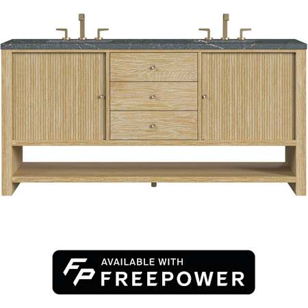 James Martin Vanities Marigot 72" Free Standing Double Basin Ash Wood Vanity Set with Parisien Bleu Silestone Top, Rectangular Sinks, and Matching Mirrors Sunwashed Oak