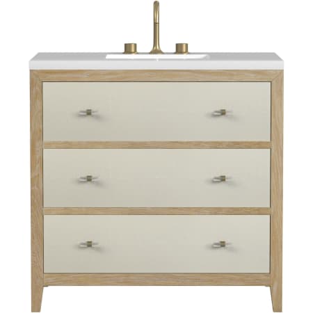 James Martin Vanities Celeste 36" Single Basin Wood Vanity Set with 3cm White Zeus Silestone Quartz Vanity Top, Rectangular Sink and USB Port - 8" Faucet Centers Sunwashed Oak / Embossed Shagreen