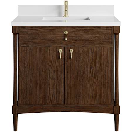 James Martin Vanities Kinnsden 36" Free Standing Single Basin Oak Wood Vanity Set with Stone Composite Top, Rectangular Sink, USB Port(s), and Electrical Outlet(s) Sable Oak