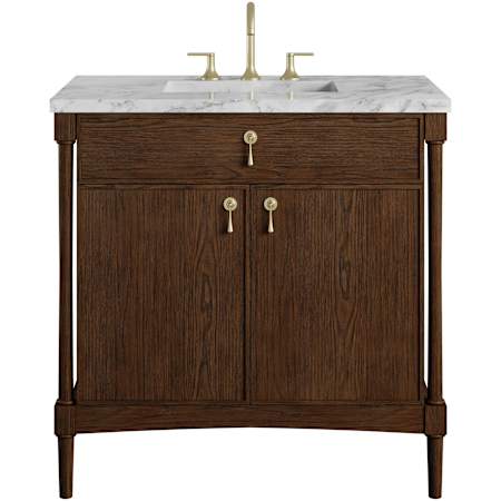 James Martin Vanities Kinnsden 36" Free Standing Single Basin Oak Wood Vanity Set with Marble Top, Rectangular Sink, USB Port(s), and Electrical Outlet(s) Sable Oak