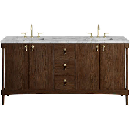 James Martin Vanities Kinnsden 72" Free Standing Double Basin Oak Wood Vanity Set with Marble Top, Rectangular Sinks, USB Port(s), and Electrical Outlet(s) Sable Oak