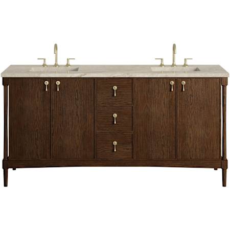 James Martin Vanities Kinnsden 72" Free Standing Double Basin Oak Wood Vanity Set with Solid Surface Top, Rectangular Sinks, USB Port(s), and Electrical Outlet(s) Sable Oak