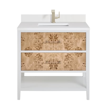 James Martin Vanities Olena 36" Single Basin Wood Vanity Set with 3cm White Zeus Silestone Quartz Vanity Top, Rectangular Sink and USB Port - Single Faucet Hole Polished White / Light Mappa Burl