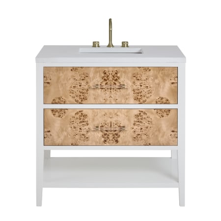 James Martin Vanities Olena 36" Single Basin Wood Vanity Set with 3cm White Zeus Silestone Quartz Vanity Top, Rectangular Sink and USB Port - 8" Faucet Centers Polished White / Light Mappa Burl