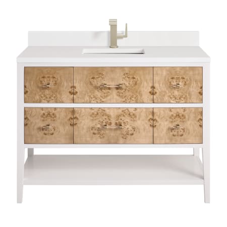 James Martin Vanities Olena 48" Single Basin Wood Vanity Set with 3cm White Zeus Silestone Quartz Vanity Top, Rectangular Sink and USB Port - Single Faucet Hole Polished White / Light Mappa Burl