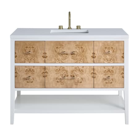 James Martin Vanities Olena 48" Single Basin Wood Vanity Set with 3cm White Zeus Silestone Quartz Vanity Top, Rectangular Sink and USB Port - 8" Faucet Centers Polished White / Light Mappa Burl