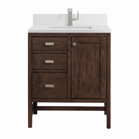James Martin Vanities Addison 30" Single Basin Wood Vanity Set with 3cm White Zeus Silestone Quartz Vanity Top, Backsplash, Rectangular Sink, USB Port and Outlet Mid-Century Acacia