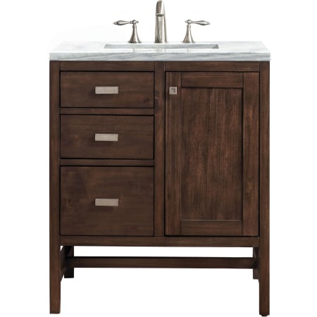 James Martin Vanities Addison 30" Free Standing Single Basin Hardwood Vanity Set with 1-3/16" Arctic Fall Solid Surface Top, and Electrical Outlet Mid Century Acacia