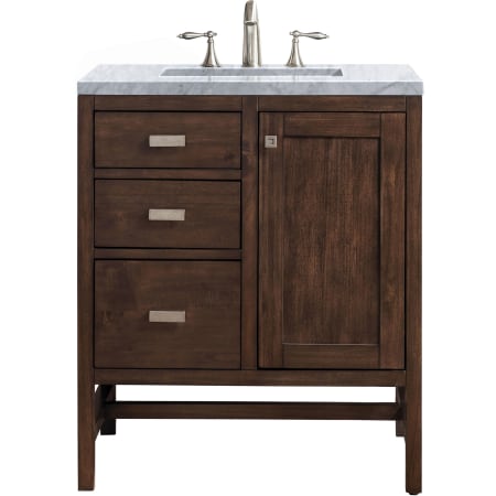 James Martin Vanities Addison 30" Free Standing Single Basin Hardwood Vanity Set with 1-3/16" Carrara White Marble Top, and Electrical Outlet Mid Century Acacia