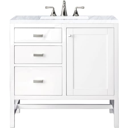 James Martin Vanities Addison 36" Free Standing Single Basin Hardwood Vanity Set with 1-3/16" Carrara White Marble Top, and Electrical Outlet Glossy White
