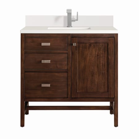 James Martin Vanities Addison 36" Single Basin Wood Vanity Set with 3cm White Zeus Silestone Quartz Vanity Top, Backsplash, Rectangular Sink, USB Port and Outlet Mid-Century Acacia