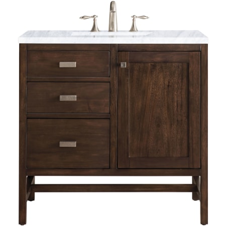 James Martin Vanities Addison 36" Free Standing Single Basin Hardwood Vanity Set with 1-3/16" Carrara White Marble Top, and Electrical Outlet Mid Century Acacia