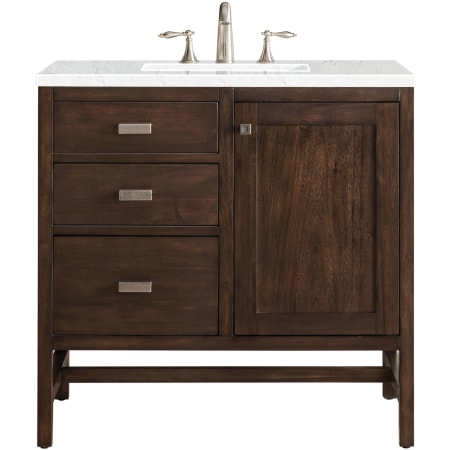 James Martin Vanities Addison 36" Free Standing Single Basin Hardwood Vanity Set with 1-3/16" Eternal Jasmine Pearl Quartz Top, and Electrical Outlet Mid Century Acacia