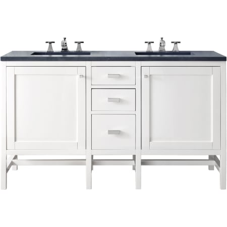 James Martin Vanities Addison 60" Free Standing Double Basin Hardwood Vanity Set with 1-3/16" Charcoal Soapstone Quartz Top, and Electrical Outlet Glossy White