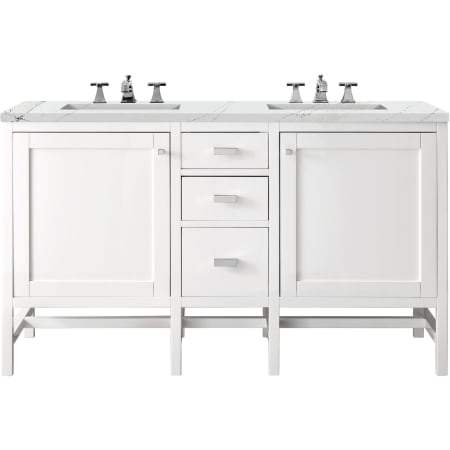 James Martin Vanities Addison 60" Free Standing Double Basin Poplar Vanity Set with 3 cm Ethereal Noctis Quartz Vanity Top, Rectangular Sinks, USB Port and Electrical Outlet Glossy White