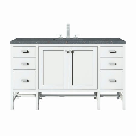 James Martin Vanities Addison 60" Single Basin Wood Vanity Set with 3cm Parisien Bleu Silestone Quartz Vanity Top, Rectangular Sink, USB Port and Electrical Outlet Glossy White