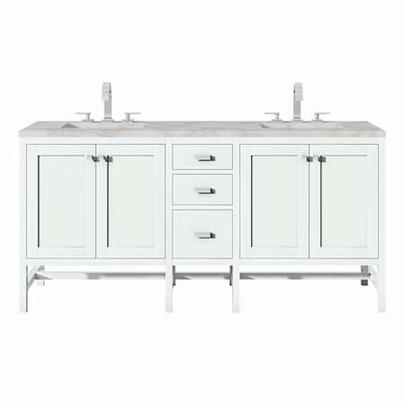 James Martin Vanities Addison 72" Double Basin Wood Vanity Set with 3cm Victorian Silver Silestone Quartz Vanity Top, Rectangular Sinks, USB Port and Electrical Outlet Glossy White