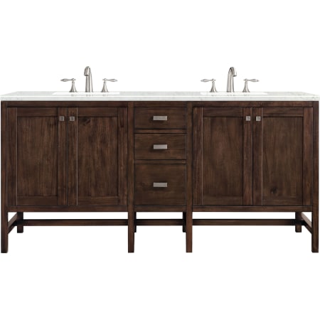 James Martin Vanities Addison 72" Free Standing Double Basin Hardwood Vanity Set with 1-3/16" Eternal Jasmine Pearl Quartz Top, and Electrical Outlet Mid Century Acacia