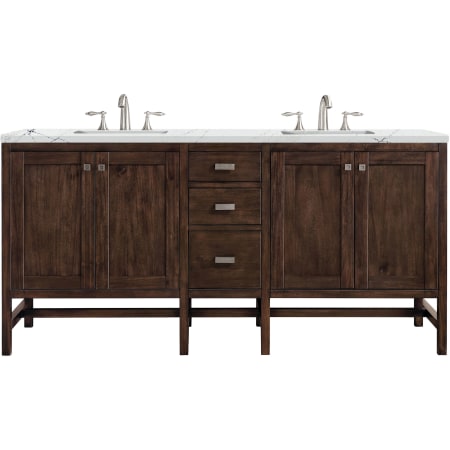 James Martin Vanities Addison 72" Free Standing Double Basin Poplar Vanity Set with 3 cm Ethereal Noctis Quartz Vanity Top, Rectangular Sinks, USB Port and Electrical Outlet Mid Century Acacia