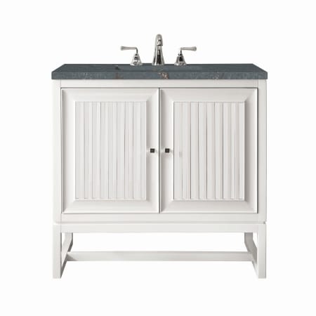 James Martin Vanities Athens 30" Single Basin Poplar Wood Vanity Set with 3cm Parisien Bleu Silestone Quartz Vanity Top, Rectangular Sink, USB Port and Electrical Outlet Glossy White