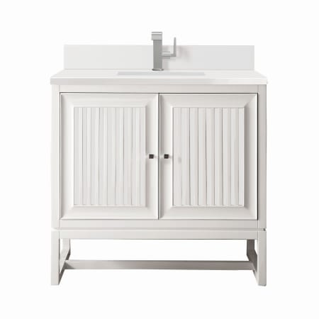 James Martin Vanities Athens 36" Single Basin Poplar Wood Vanity Set with 3cm White Zeus Silestone Quartz Vanity Top, Backsplash, Rectangular Sink, USB Port and Outlet Glossy White
