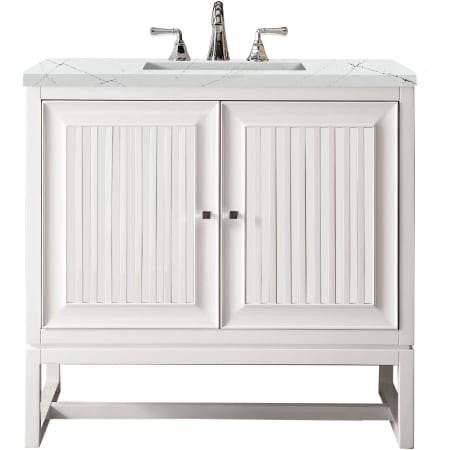James Martin Vanities Athens 36" Wall Mounted and Free Standing Single Basin Poplar Vanity Set with 3 cm Ethereal Noctis Quartz Vanity Top, Rectangular Sink, USB Port and Electrical Outlet Glossy White