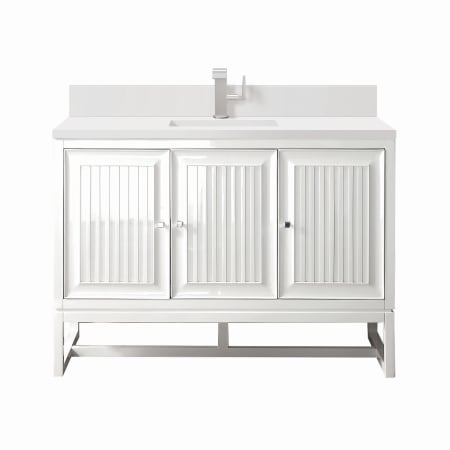 James Martin Vanities Athens 48" Single Basin Poplar Wood Vanity Set with 3cm White Zeus Silestone Quartz Vanity Top, Backsplash, Rectangular Sink, USB Port and Outlet Glossy White