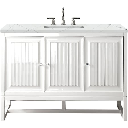 James Martin Vanities Athens 48" Wall Mounted and Free Standing Single Basin Poplar Vanity Set with 3 cm Ethereal Noctis Quartz Vanity Top, Rectangular Sink, USB Port and Electrical Outlet Glossy White