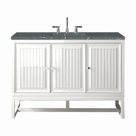 James Martin Vanities Athens 48" Single Basin Poplar Wood Vanity Set with 3cm Parisien Bleu Silestone Quartz Vanity Top, Rectangular Sink, USB Port and Electrical Outlet Glossy White