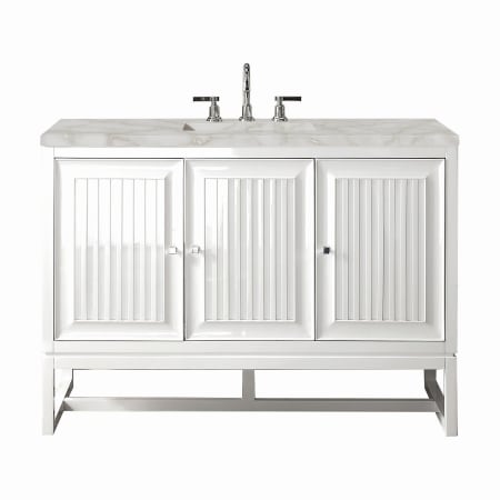 James Martin Vanities Athens 48" Single Basin Poplar Wood Vanity Set with 3cm Victorian Silver Silestone Quartz Vanity Top, Rectangular Sink, USB Port and Outlet Glossy White