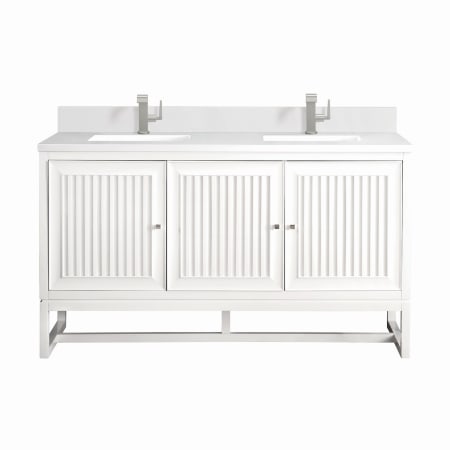 James Martin Vanities Athens 60" Double Basin Poplar Wood Vanity Set with 3cm White Zeus Silestone Quartz Vanity Top, Backsplash, Rectangular Sinks, USB Port and Outlet Glossy White