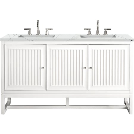 James Martin Vanities Athens 60" Wall Mounted and Free Standing Double Basin Poplar Vanity Set with 3 cm Ethereal Noctis Quartz Vanity Top, Rectangular Sinks, USB Port and Electrical Outlet Glossy White