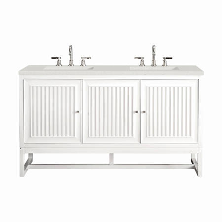 James Martin Vanities Athens 60" Double Basin Poplar Wood Vanity Set with 3cm Lime Delight Silestone Quartz Vanity Top, Rectangular Sinks, USB Port and Electrical Outlet Glossy White