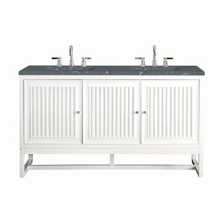 James Martin Vanities Athens 60" Double Basin Poplar Wood Vanity Set with 3cm Parisien Bleu Silestone Quartz Vanity Top, Rectangular Sinks, USB Port and Electrical Outlet Glossy White