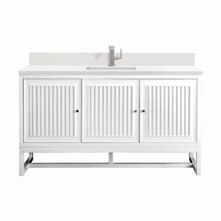 James Martin Vanities Athens 60" Single Basin Poplar Wood Vanity Set with 3cm White Zeus Silestone Quartz Vanity Top, Backsplash, Rectangular Sink, USB Port and Outlet Glossy White