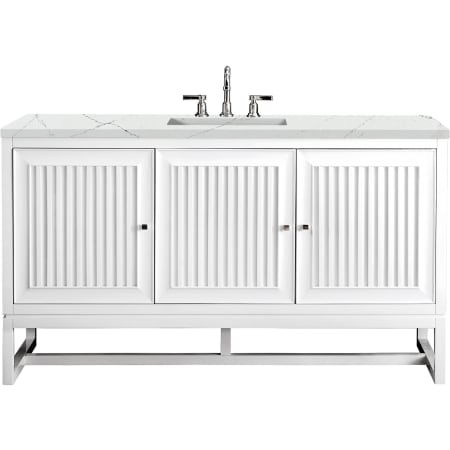 James Martin Vanities Athens 60" Wall Mounted and Free Standing Single Basin Poplar Vanity Set with 3 cm Ethereal Noctis Quartz Vanity Top, Rectangular Sink, USB Port and Electrical Outlet Glossy White