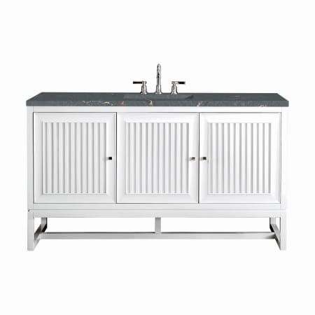 James Martin Vanities Athens 60" Single Basin Poplar Wood Vanity Set with 3cm Parisien Bleu Silestone Quartz Vanity Top, Rectangular Sink, USB Port and Electrical Outlet Glossy White