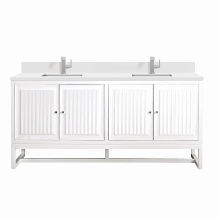 James Martin Vanities Athens 72" Double Basin Poplar Wood Vanity Set with 3cm White Zeus Silestone Quartz Vanity Top, Backsplash, Rectangular Sinks, USB Port and Outlet Glossy White