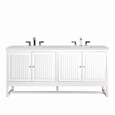 James Martin Vanities Athens 72" Double Basin Poplar Wood Vanity Set with 3cm Lime Delight Silestone Quartz Vanity Top, Rectangular Sinks, USB Port and Electrical Outlet Glossy White