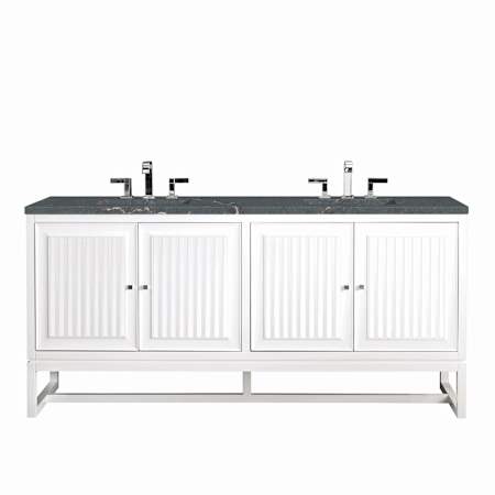 James Martin Vanities Athens 72" Double Basin Poplar Wood Vanity Set with 3cm Parisien Bleu Silestone Quartz Vanity Top, Rectangular Sinks, USB Port and Electrical Outlet Glossy White