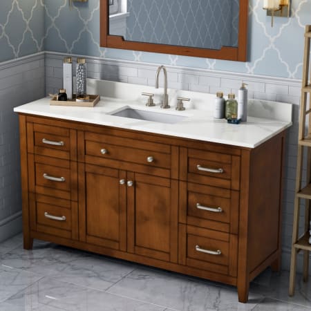 Jeffrey Alexander Chatham 60" Soft Close Single Sink Bathroom Vanity with Marble or Quartz Vanity Top and Tip Out Tray - FINAL SALE - Clearance - FINAL SALE Chocolate / Calacatta Vienna Quartz Top