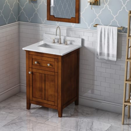 Jeffrey Alexander Chatham 24" Free Standing Single Sink Bath Vanity with Cabinet and Marble or Quartz Vanity Top and Soft Close Hinges and Slides - FINAL SALE - Clearance - FINAL SALE Chocolate / White Carrara White Top