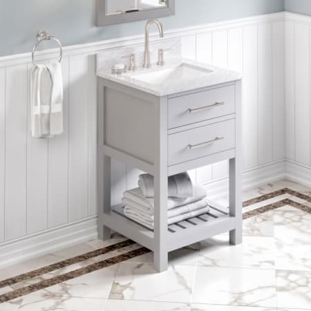 Jeffrey Alexander Wavecrest 24" Free Standing Single Sink Coastal Cottage Bath Vanity Soft Close Cabinet with Marble or Quartz Vanity Top - FINAL SALE Grey / White Carrara Marble Top