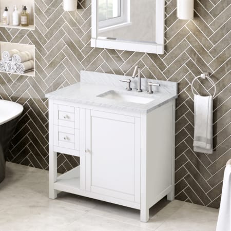 Jeffrey Alexander Astoria 36" Free Standing Single Sink Bath Vanity with Marble or Quartz Top and Backsplash - for 3 Hole Faucet - FINAL SALE - Clearance - FINAL SALE White / White Carrara Marble Top