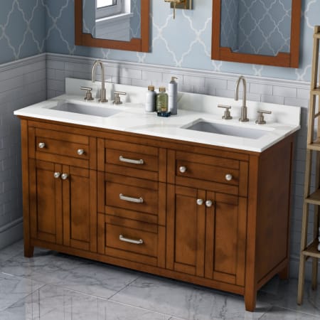 Jeffrey Alexander Chatham 60" Free Standing Double Sink Bath Vanity with Marble or Quartz Vanity Top - for 3 Hole Faucets - FINAL SALE - Clearance - FINAL SALE Chocolate / Calacatta Vienna Quartz Top